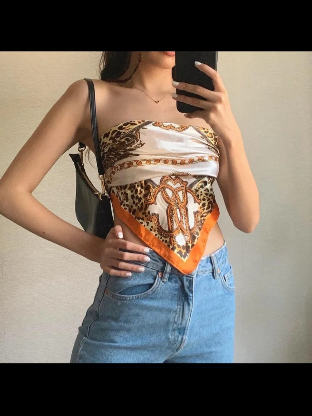 Silk-Feel Orange & Cream Scarf Tube Top
